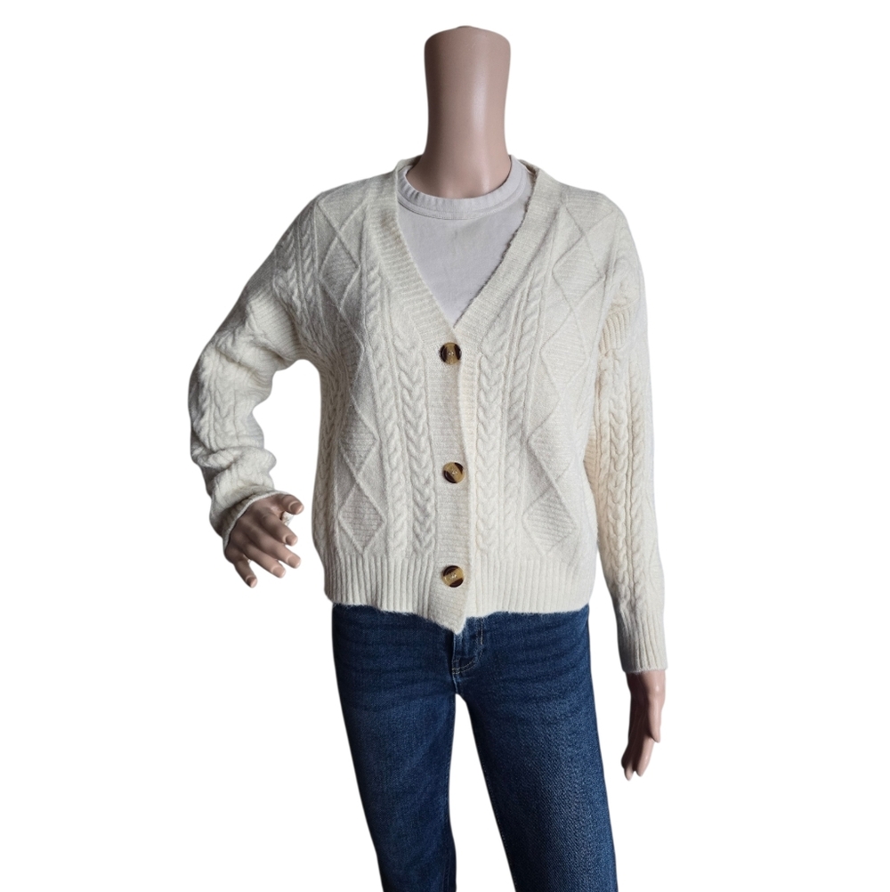 Women's Cream Oversized V-Neck Cable Knit Cropped Cardigan Sweater - Picture 2 of 16